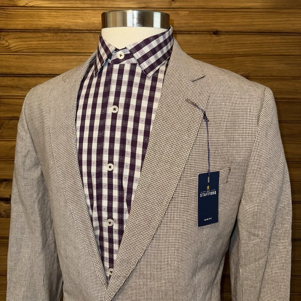 STAFFORD Mens Blazer Sport Coat Casual Jacket Size 46L Linen Cotton Suit NEW